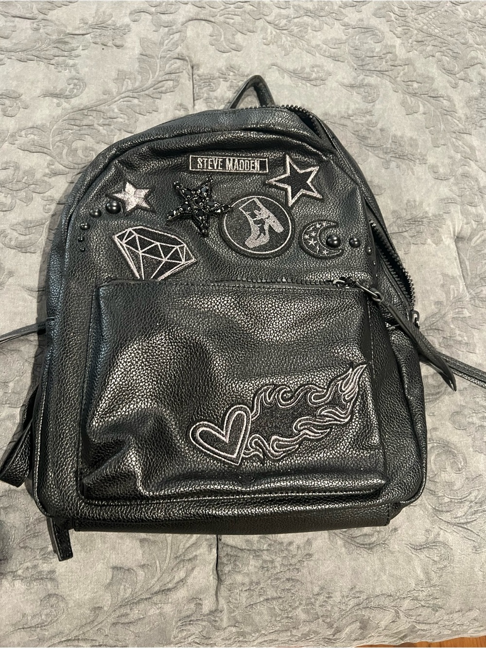 Steve Madden Black Embellished Mini Backpack with Patches
